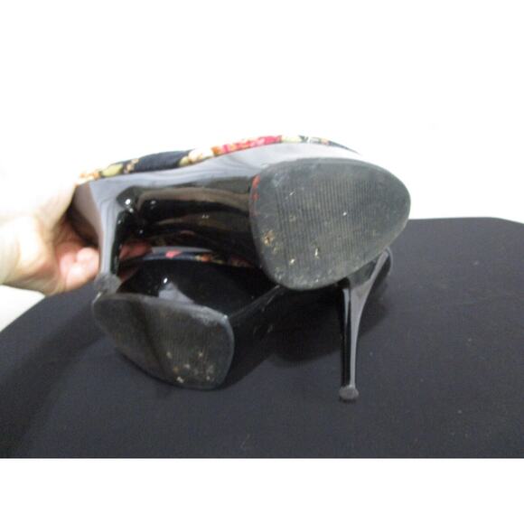 FRH Black Canvas Floral Pattern Platform Pumps Stiletto Heels Shoes Women Sz 8 - Picture 9 of 9